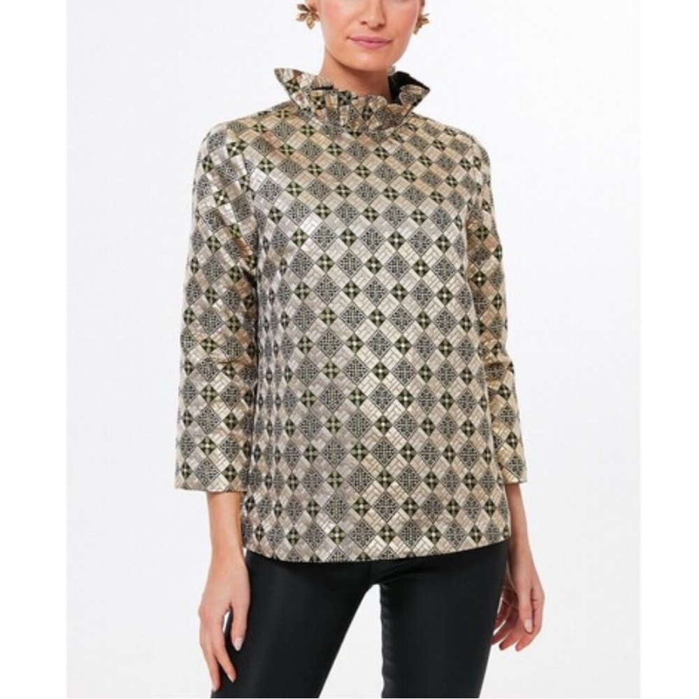 TUCKENUCK XXL Geometric Print High Neck Tie Back Long Sleeve Blouse